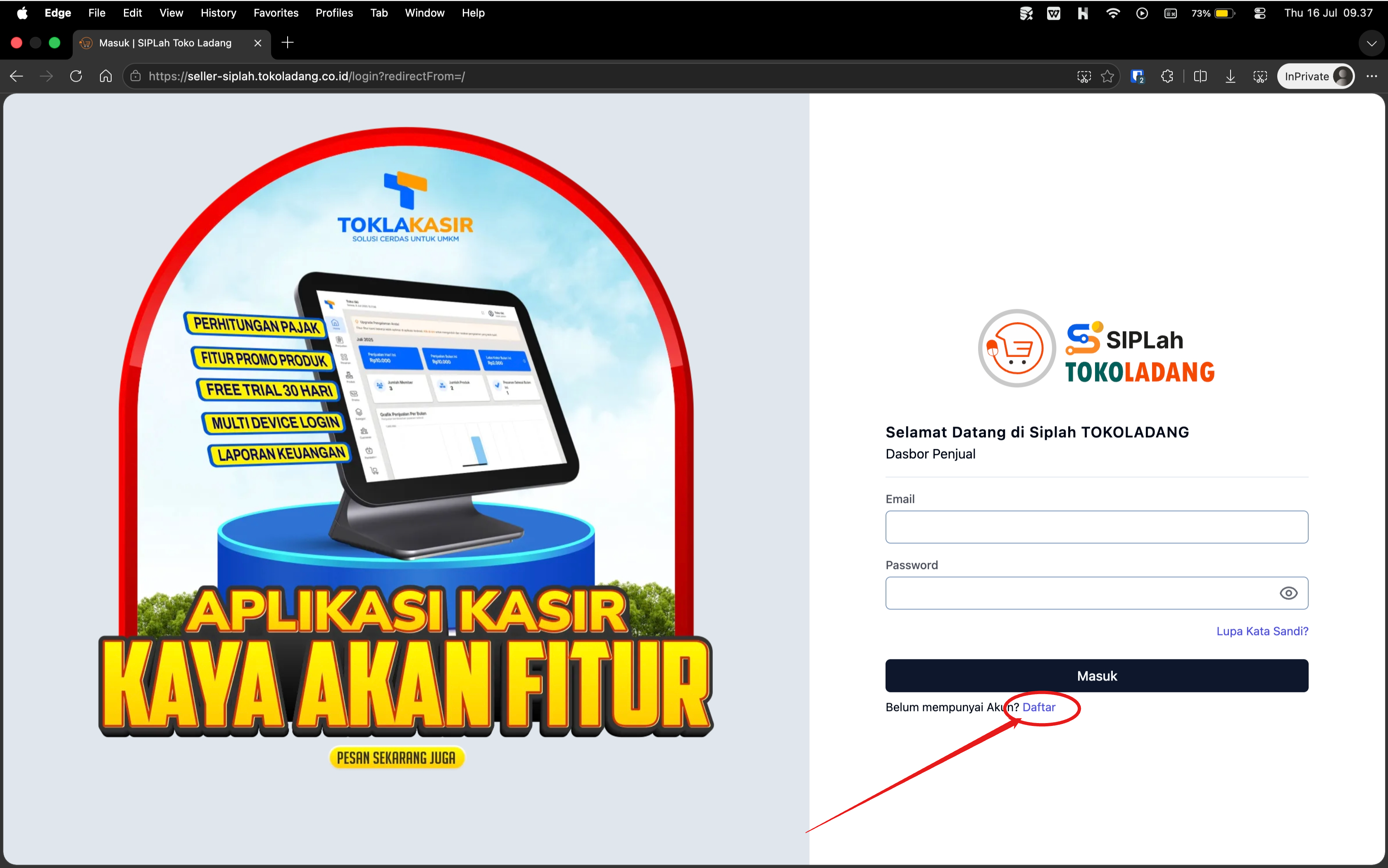 halaman login seller