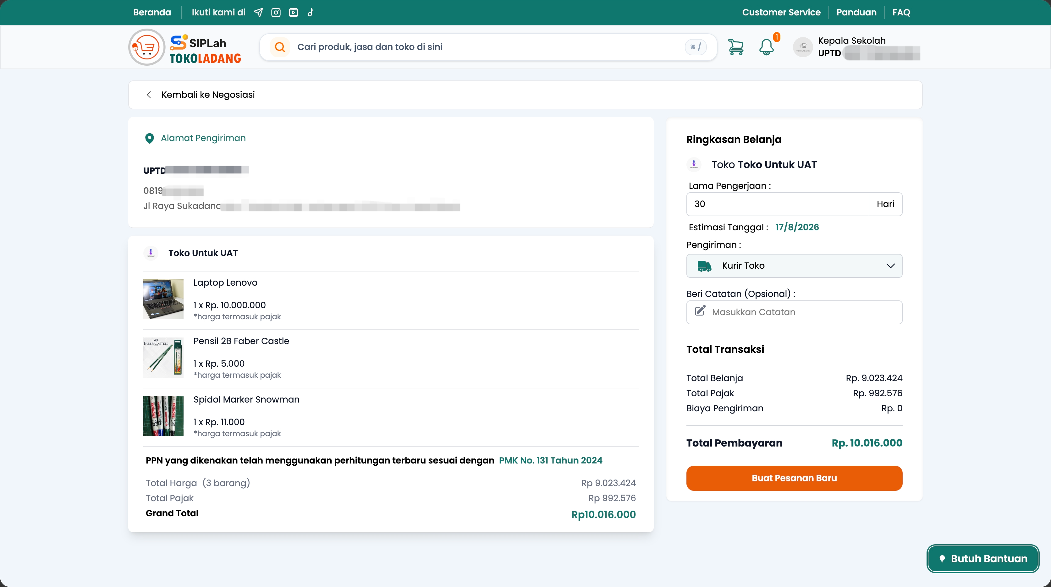 Halaman checkout negosiasi